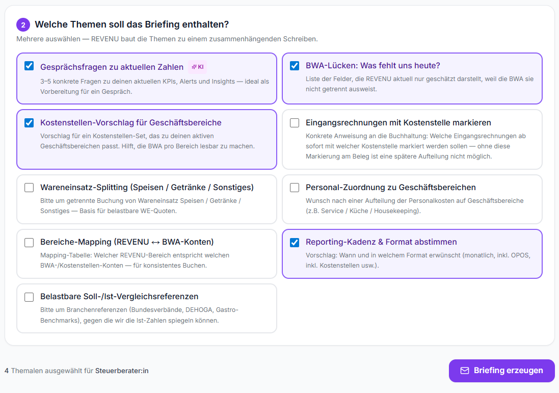 REVENU Briefing-Generator — Themen auswählen und Briefing erzeugen